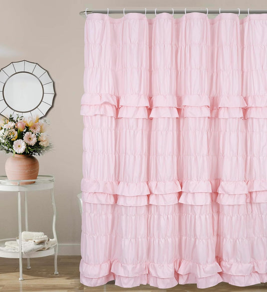 Pink Ruffle Shower Curtain, Shabby Chic Vintage Bathroom Curtains Victorian Girly Cute Aesthetic Boho Farmhouse French Country Lace Decor Extra Long 72x84 inches