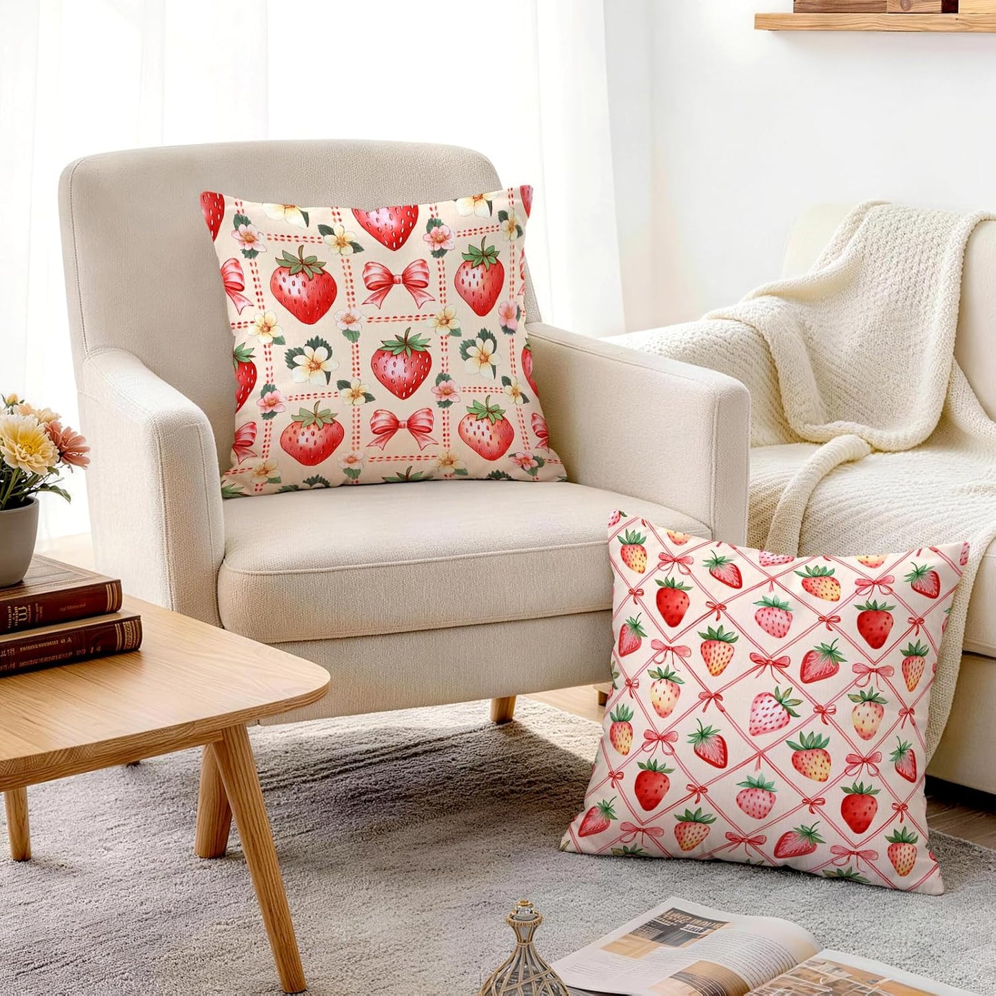 OBSEDE Pink Bow Strawberry Throw Pillow Covers 18 × 18 in, Set of 4, Couch Cushion Cases Inserts for Sofa Bed Living Room Home Decor, Single Side Print