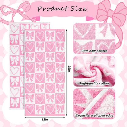 Frienda 4 Pcs Pink Bow Hand Towels for Bathroom 13 x 29'' Soft 100% Cotton Valentines Day Decorative Towel Coquette Bow Kitchen Decor Absorbent Pink Preppy Bathroom Decor Bridal Shower Wedding Gift