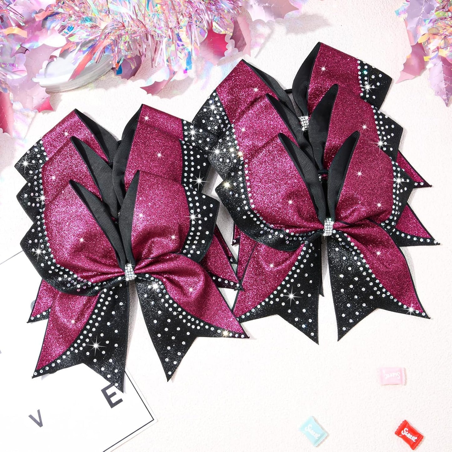 6PCS Glitter Cheer Bow Large Cheer Bows Rhinestones Hair Bows Girls 8"Cheerleading Bows Bulk Elastic Band Ponytail Holder for Teen Girls College Sports Competition Pink Black