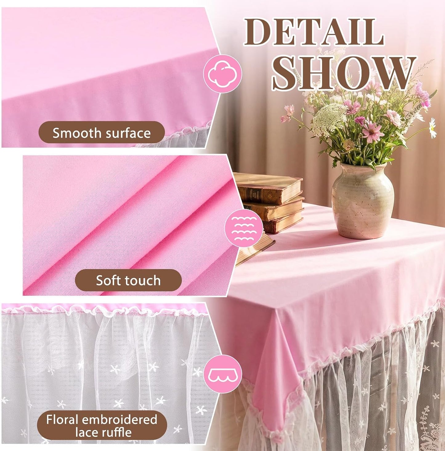 Mindsoft Pink Lace Ruffle Tablecloth 52 x 70 Inch, French Floral Edge Rectangular Table Cover, Washable Polyester Table Linen for Tea Party Baby Shower Bridal Shower Wedding Dessert Tables Decor
