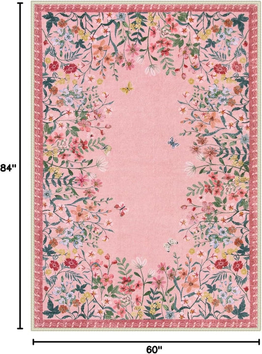 Wonnitar Washable Rug, 5x7 Pink Rugs for Living Room, Floral Print Non-Slip Area Rugs for Bedroom Girls, Soft Large Throw Carpet for Kids Nursery Room (Pink,5'x7')