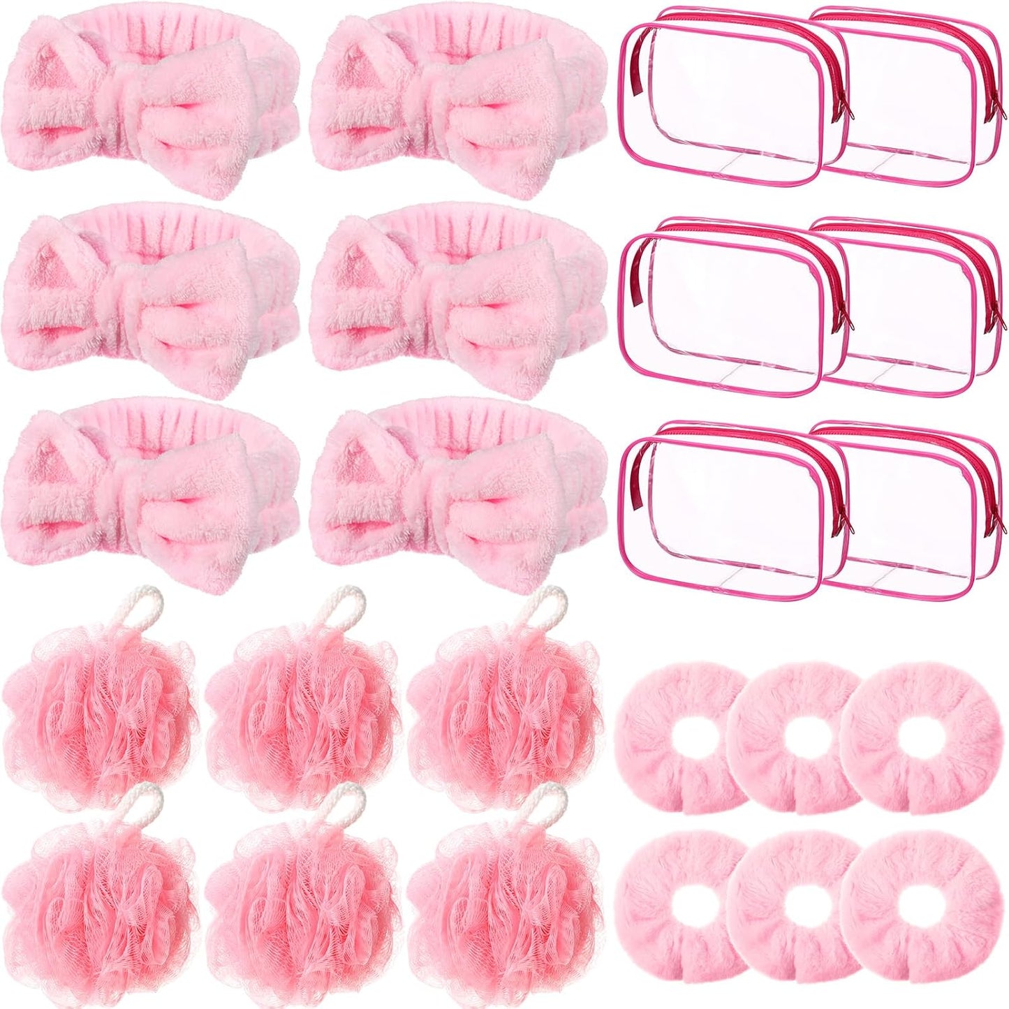 Moucuny 24 Pieces Spa Sleepover Party Supplies 6 Pink Spa Headband 6 Shower Loofahs 6 Pink Velvet Scrunchies 6 Cosmetic Bags for Slumber Sleepover Birthday Party Favors Gift