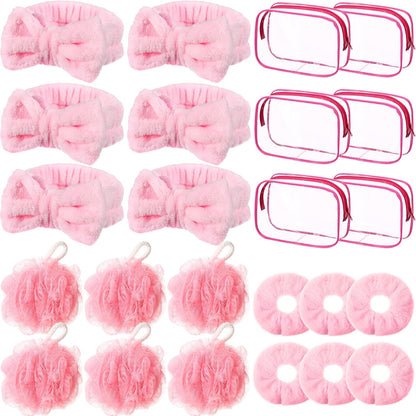 Moucuny 24 Pieces Spa Sleepover Party Supplies 6 Pink Spa Headband 6 Shower Loofahs 6 Pink Velvet Scrunchies 6 Cosmetic Bags for Slumber Sleepover Birthday Party Favors Gift