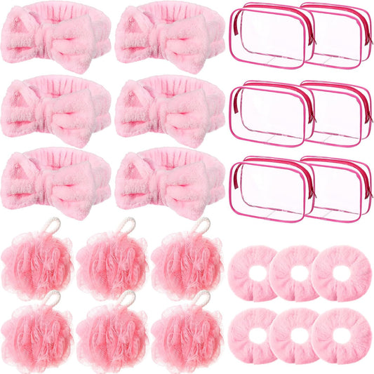 Moucuny 24 Pieces Spa Sleepover Party Supplies 6 Pink Spa Headband 6 Shower Loofahs 6 Pink Velvet Scrunchies 6 Cosmetic Bags for Slumber Sleepover Birthday Party Favors Gift