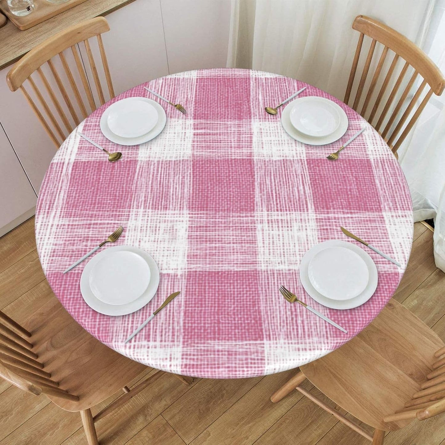 Hand-Drawn Soft Pink and White Check Pattern Round Tablecloth Fitted Table Cover Washable Tablecloths for Kitchen Dining Party 40-44 Inch