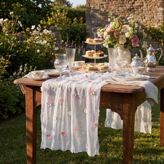 Remagr 9.8 ft Pink Flower Table Runner Embroidery Seasonal Table Decorations Tulle Fabric for Home Indoor Decor, Bridal Shower Wedding, Baby Shower Parties, Holiday DIY Craft Kitchen Decor