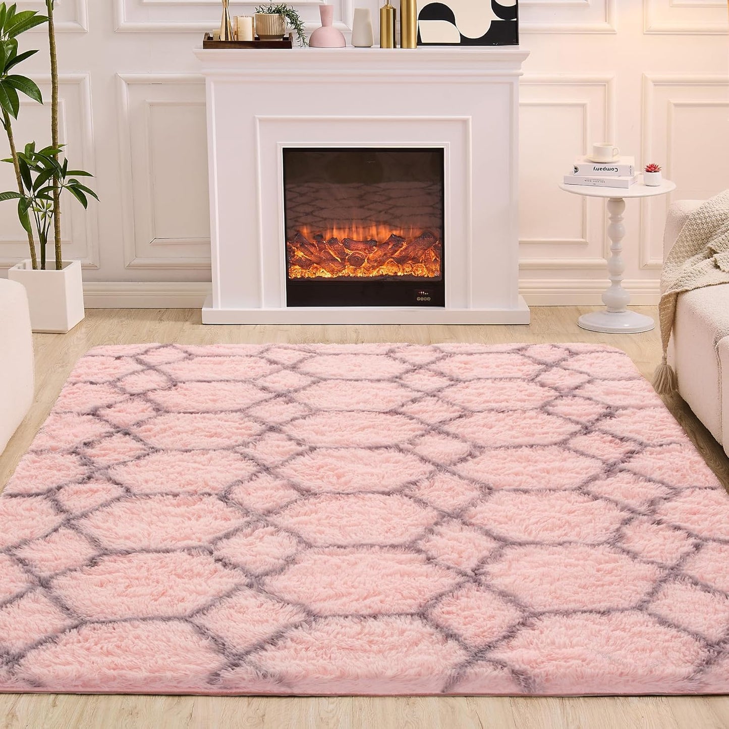 6x9 Pink Area Rugs for Living Room Bedroom, Washable Large Fluffy Throw Rug, Geometric Soft Plush Shaggy Floor Carpet for Nursery Kids Girls Boys Teen Dorm Home Decor Aesthetic, Pink/Grey