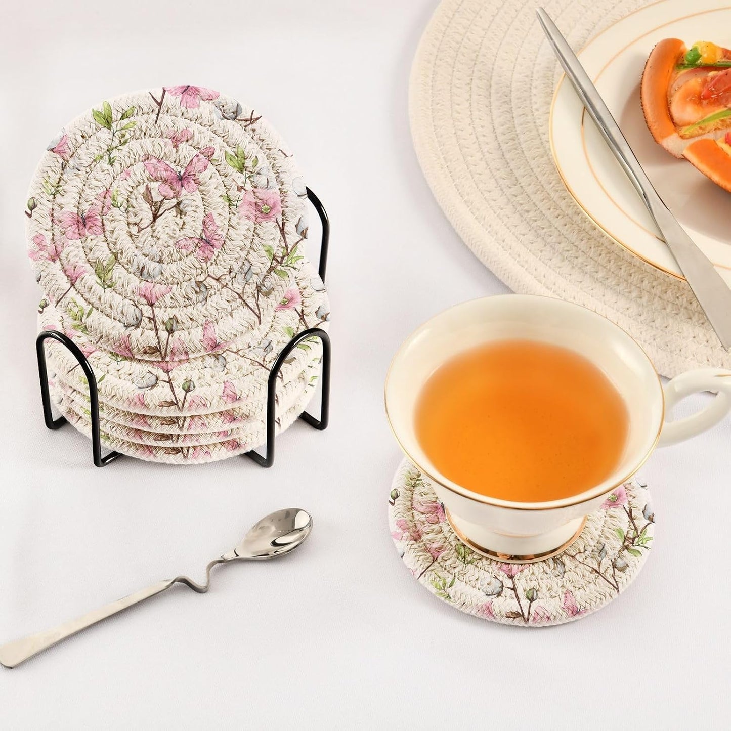 Pink Butterfly Flower Pattern Coasters Set of 6 with Holder Absorbent Round Coasters for Wooden Table Tabletop Protection Party Christmas Decor House Warming