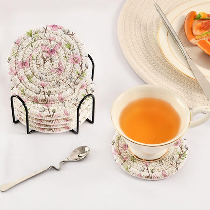 Pink Butterfly Flower Pattern Coasters Set of 6 with Holder Absorbent Round Coasters for Wooden Table Tabletop Protection Party Christmas Decor House Warming