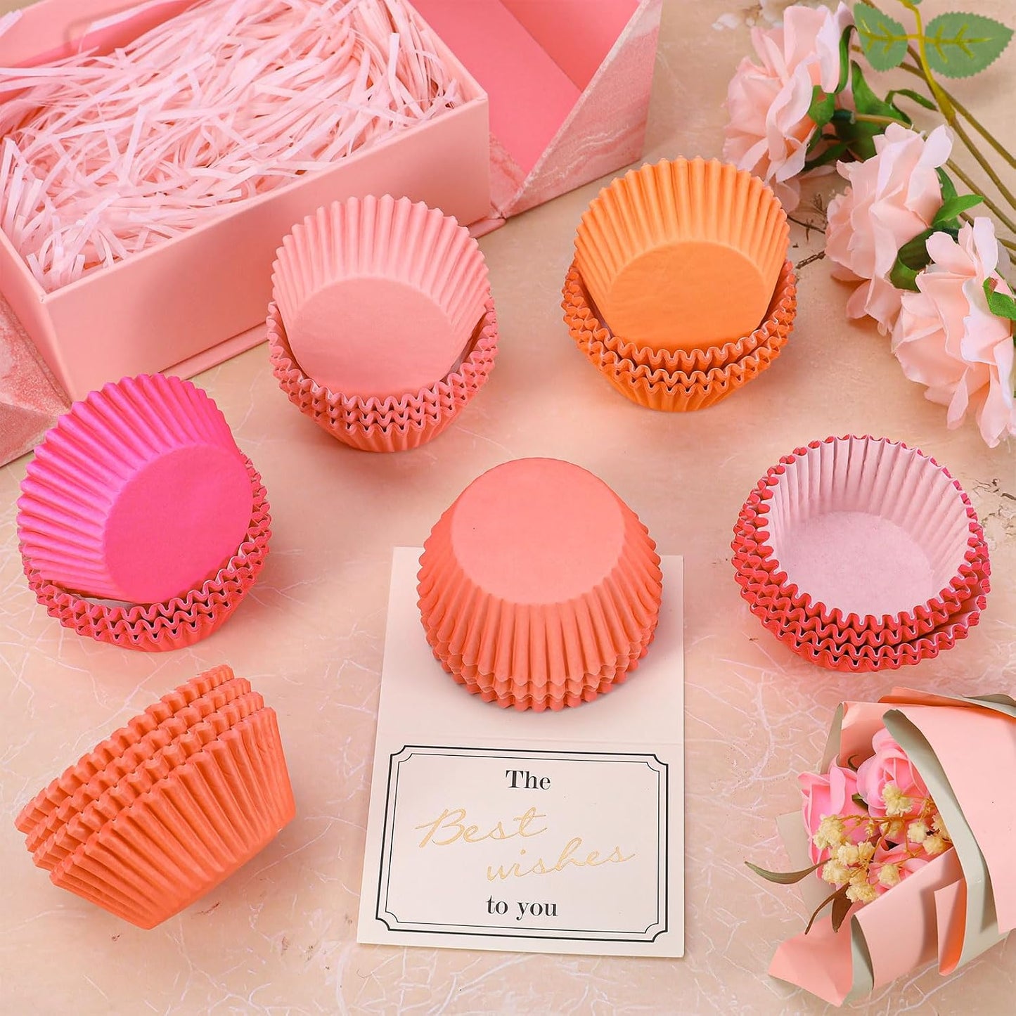 Whaline 300Pcs Pink Orange Cupcake Liners Paper Baking Cups Standard Muffin Cupcake Wrappers for Spring Summer Baby Shower Wedding Birthday Party Supplies Table Decor