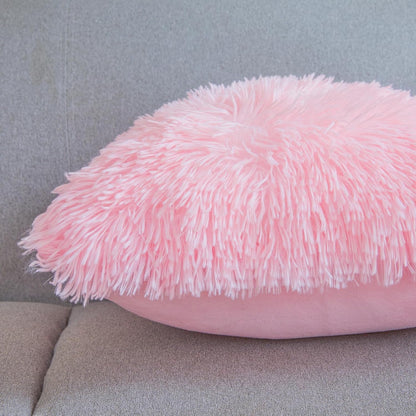 Pink Fluffy Faux Fur Throw Pillow Covers 18"x18", Shaggy Plush Fuzzy Furry Decorative Pillowcase Set for Sofa, Bedroom, or Living Room
