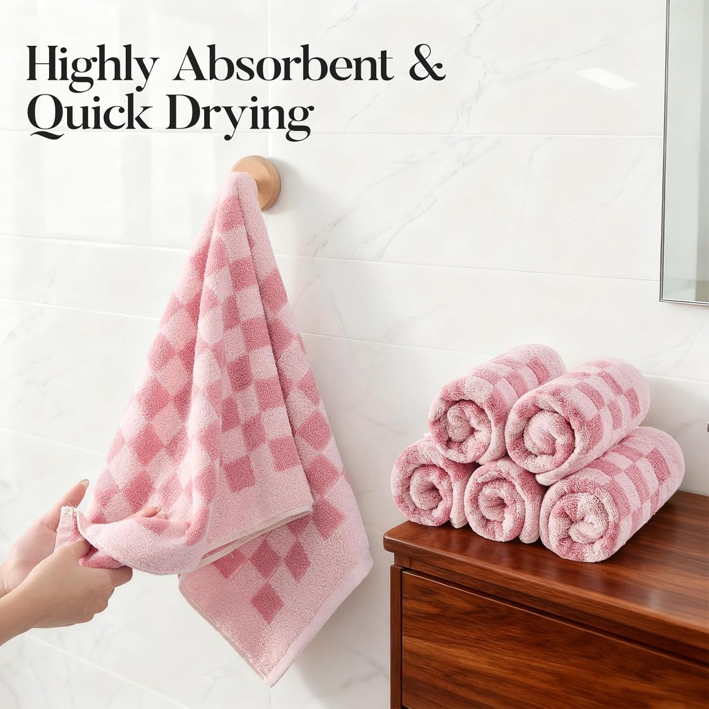 REDKISS 5 Pack Pink Checkered Hand Towel Set - Decorative Hand Towels for Bathroom, 100% Cotton Towel Soft Absorbent, Retro Decorative Bathroom Towel for Kitchen, Gym, and Spa