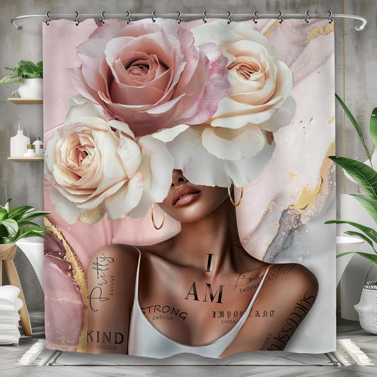 African American Flower Rose Bathroom Shower Curtain 60W by 71H Inch Sexy Pink Black Girl Woman Marble Inspirational Motivational Positive Polyester 12 Plastic Hooks Waterproof Decor