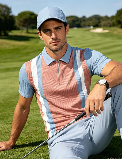 UOUA Men's 1/4 Zip Polo Shirts Summer Short Sleeve Sweatshirts Vintage Striped Texture Tops Casual Golf Tee