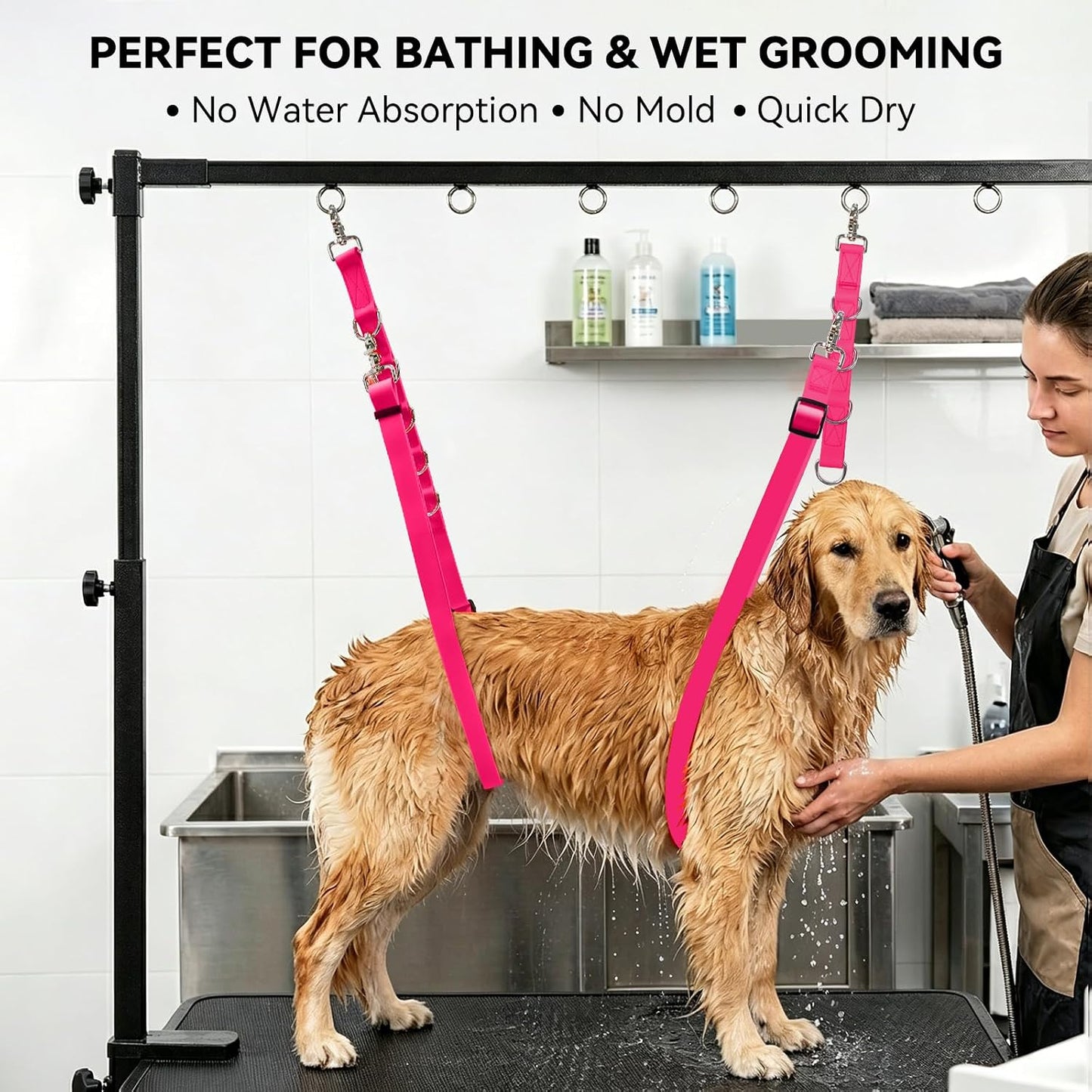 Waterproof Dog Grooming Belly Strap with Clamp Extender – Dog Grooming Loop Restraint for Table Arm, Bathing & Hair Cutting for Small, Medium and Large Dogs (Pink)