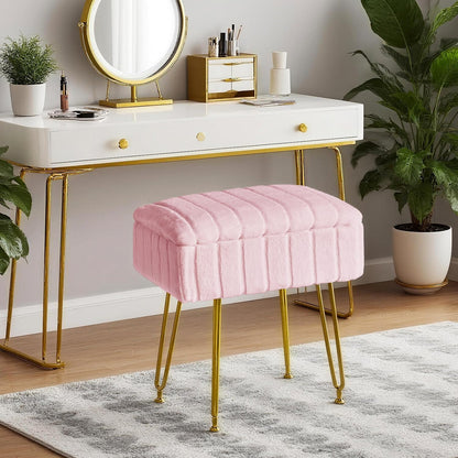 FUXA Vanity Stool with Storage, Pink Vanity Chair 4 Metal Legs with Anti-Slip Feet, Faux Fur Soft Padded Seat, Cute Small Footstool Ottoman, Modern Multifunctional Chairs for Makeup Bedroom