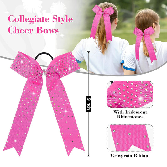 DEEKA 12 Count Pink Collegiate Style Cheer Bows with Rhinestones - Handmade Hair Accessories for Girls, Teens, Cheerleaders and Softball Players