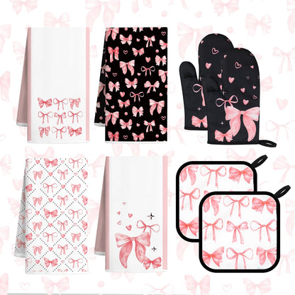 8 Pcs Cute Pink Bow Kitchen Towels and Dishcloths Sets Oven Mitts Pot Holders Set Mother's Day Absorbent Decor Accessories Gloves Potholders Heat Resistant for Chef Baking Cooking Home Gifts