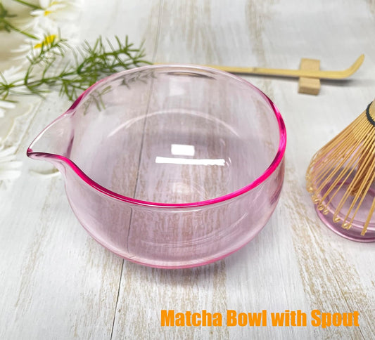 Matcha Bowl with Spout, Matcha Whisk Holder, Glass Matcha Bowl and Whisk Holder Set, Exquisite Matcha Set for Tea Ceremony(Pink)