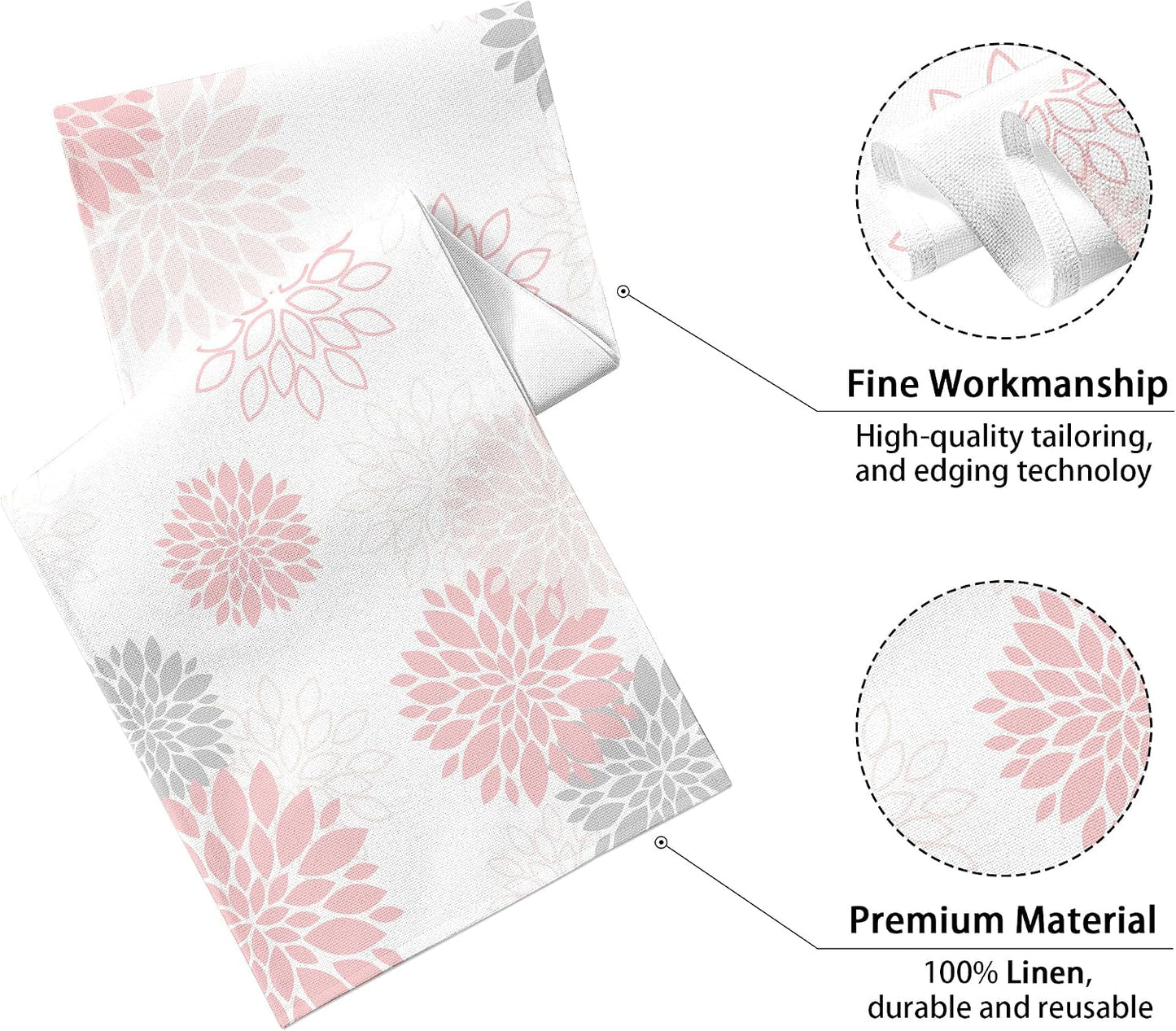 Dahlia Flower Table Runner 13x36 Inch Farmhouse Pink Gray Runners Modern Table Decorations Rustic Geometric Coffee Table Runner for Home Kitchen Dining Room Party (13"x36", Dahlia Floral-Pink)