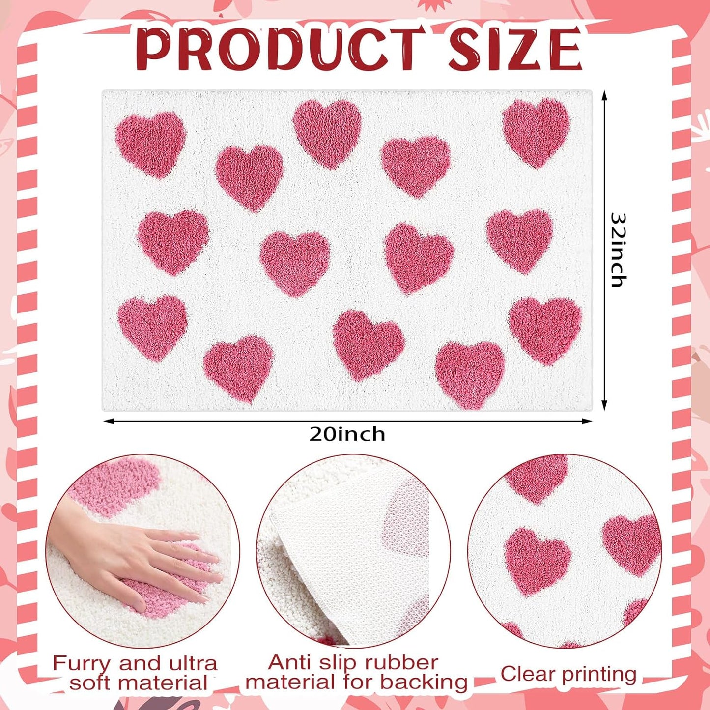 Tinideya Love Heart Bathroom Rug, Heart Patterns Tufted Bath Mat for Bathroom Decor, Love Bath Rugs for Absorbent Non-Slip Washable Rugs Home Bedroom Decor, 20 x 32 Inch(Pink)