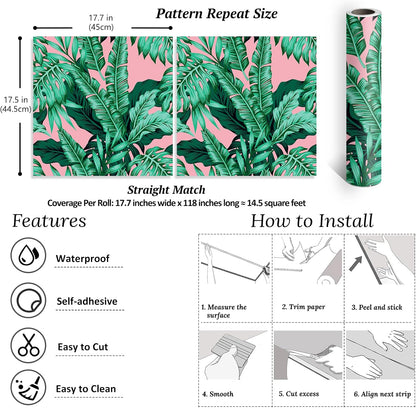 VEELIKE 17.7''x118'' Pink Tropical Wallpaper Peel and Stick Exotic Palm Leaves Wallpaper Mural Self Adhesive Pink Contact Paper Decorative Removable Wall Paper for Bedroom Bathroom Accent Walls Decor