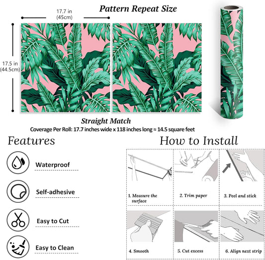 VEELIKE 17.7''x118'' Pink Tropical Wallpaper Peel and Stick Exotic Palm Leaves Wallpaper Mural Self Adhesive Pink Contact Paper Decorative Removable Wall Paper for Bedroom Bathroom Accent Walls Decor