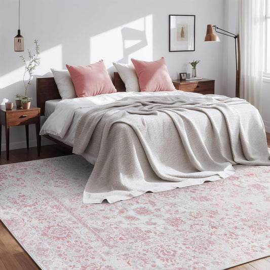 Auemtyn 4x6 Area Rug - Vintage Floral Style for Indoor Spaces -Soft, Washable, Non Slip & Stain Resistant -Ideal for Living Room, Bedroom, Dining Room and Home Office, Pink