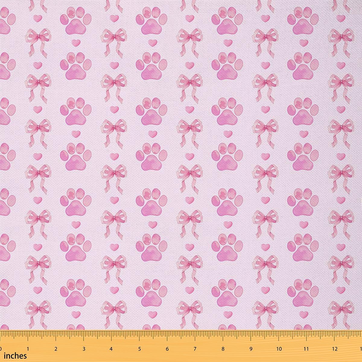 Erosebridal Girly Bow Knot Fabric By the Yard Light Pink Purple Cute Dog Paw Print Upholstery Fabric Teens Girl Coquette Ribbon Bow Decorative Fabrics Kawaii Animal Footprints DIY Art,2 Yards