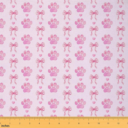 Erosebridal Girly Bow Knot Fabric By the Yard Light Pink Purple Cute Dog Paw Print Upholstery Fabric Teens Girl Coquette Ribbon Bow Decorative Fabrics Kawaii Animal Footprints DIY Art,2 Yards