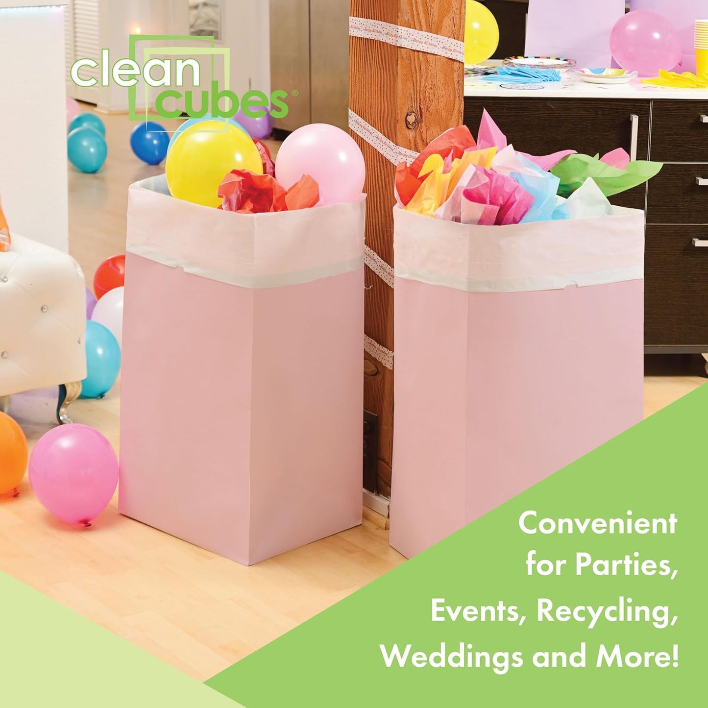Clean Cubes 30 Gallon Disposable Pop-Up Trash Cans (3-Pack) with Fitted Bags – Foldable Garbage & Recycling Bins for Parties, Events & Kitchen (Pink, 30" H x 14" W x 17" D)
