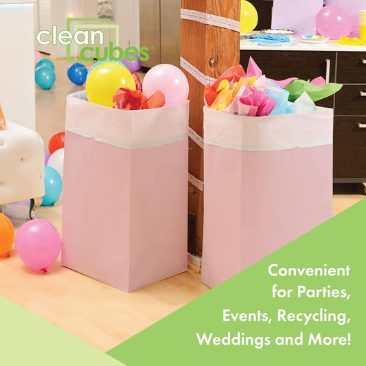 Clean Cubes 30 Gallon Disposable Pop-Up Trash Cans (3-Pack) with Fitted Bags – Foldable Garbage & Recycling Bins for Parties, Events & Kitchen (Pink, 30" H x 14" W x 17" D)