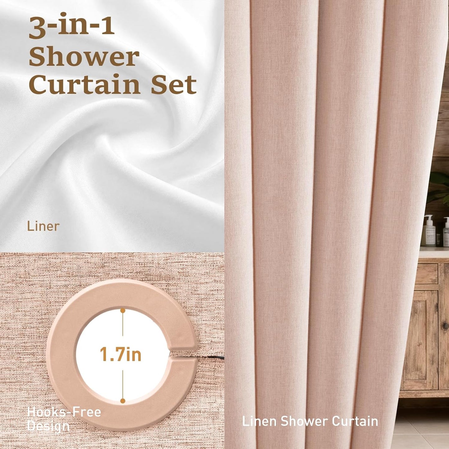 BTTN Pink Ringless Shower Curtain Set, Linen Textured Waterproof Fabric Shower Curtain with Snap in Liner, Machine Washable, Luxury Cute Cloth Shower Curtain for Bathroom with Mesh Top Window, 72x75