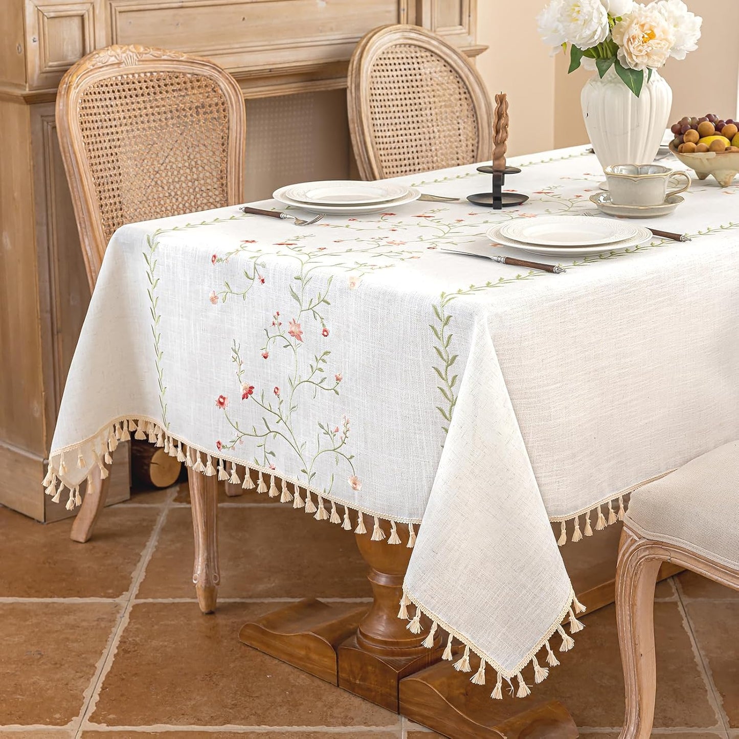 Alsoo Rectangle Tablecloth 55" x 90", Pink Floral Embroidered Table Cloth with Tassels, Farmhouse Rustic Linen Style, Heavy Weight Wrinkle & Spill Resistant Table Cover for Dining Kitchen (6-8 Seats)
