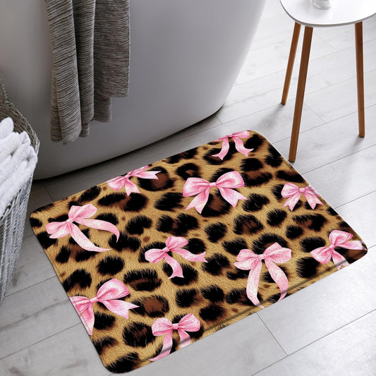 Leopard Print Pink Bow Bath Mat Bowknot Brown Cheetah Modern Fashion Girls for Bathtub Area Decor(24x47 Inch)