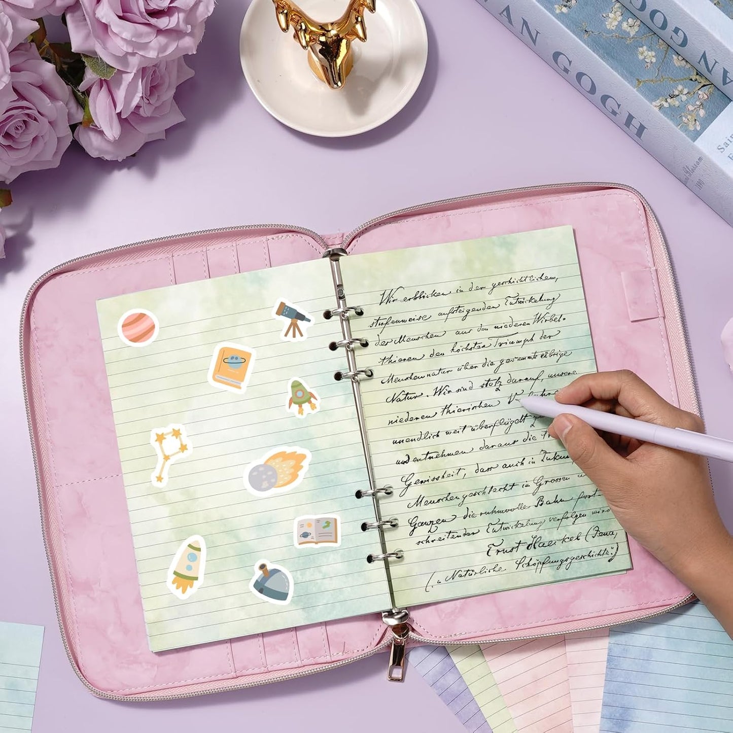 100 Sheets Gradient A5 Refill Papers for Planner Binder Insert with Pink Pu Leather 6 Ring Binder Cover, 120GSM Thick Watercolor Loose Leaf Papers Filler for Notebook Journal Girls Women Graduation