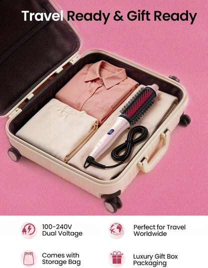 Infrared Thermal Brush 1.65”, 100M Negative Ions 2-in-1 Curling, Straightening & Smoothing Round Brush, 6 Heat Settings with LED Display, Lightweight Quiet, Dual Voltage, Auto Shut-Off, Pink Gift Box