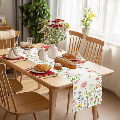 Bonhause Spring Floral Table Runner 13x72 Inch Pink Flowers Plants Leaves Butterflies Seasonal Summer Kitchen Dining Table Decoration for Indoor Outdoor Home Party Decor