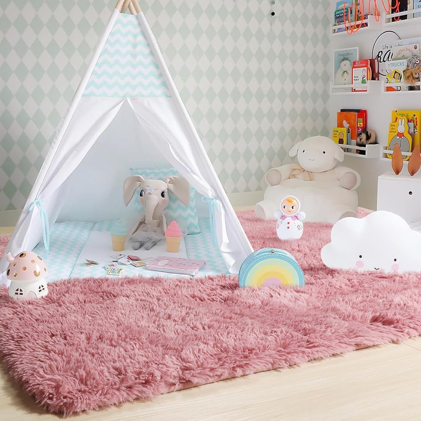 Amdrebio Blush Pink Area Rugs for Girls Bedroom, Furry Fluffy Cute Small Rug 3x5 for Kids Room Playroom, Fuzzy Shaggy Fur Plush Carpet for Nursery Dorm Classroom, Shag Kawaii Dusty Rose Mauve Rugs