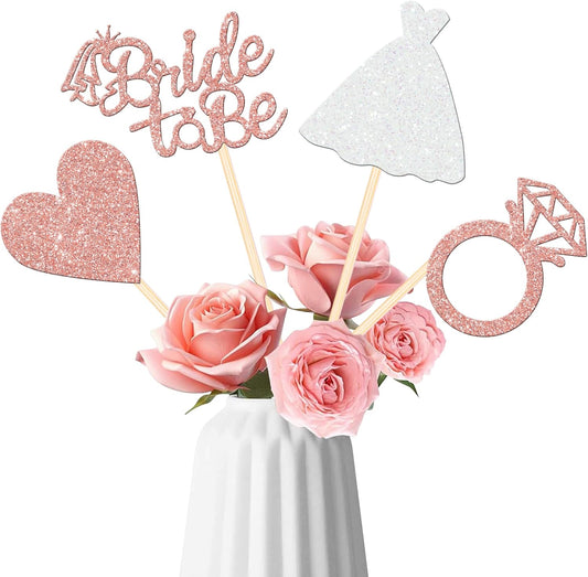 12 PCS Bride to Be Centerpiece Sticks Double Sided Glitter Heart Ring Dress Bridal Shower Table Flower Centerpieces for Wedding Engagement Bachelorette Party Flower Decorations Supplies Rose Gold