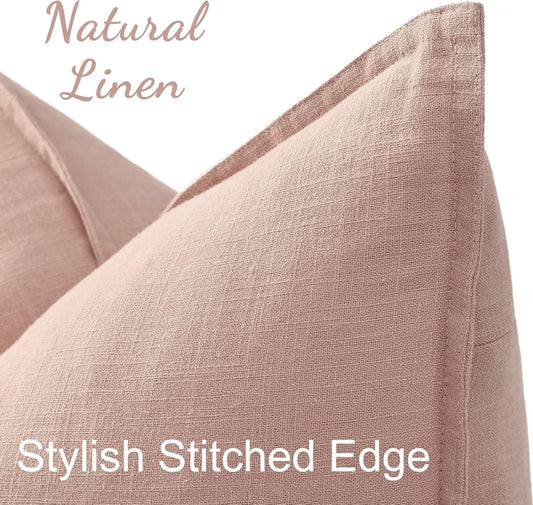 decorUhome Summer Decorative Linen Throw Pillow Covers 18x18 Inch Set of 2 Pink Pillow Covers with Flange Edges Soft Farmhouse Boho Accent Pillow Cases for Couch Bed Living Room
