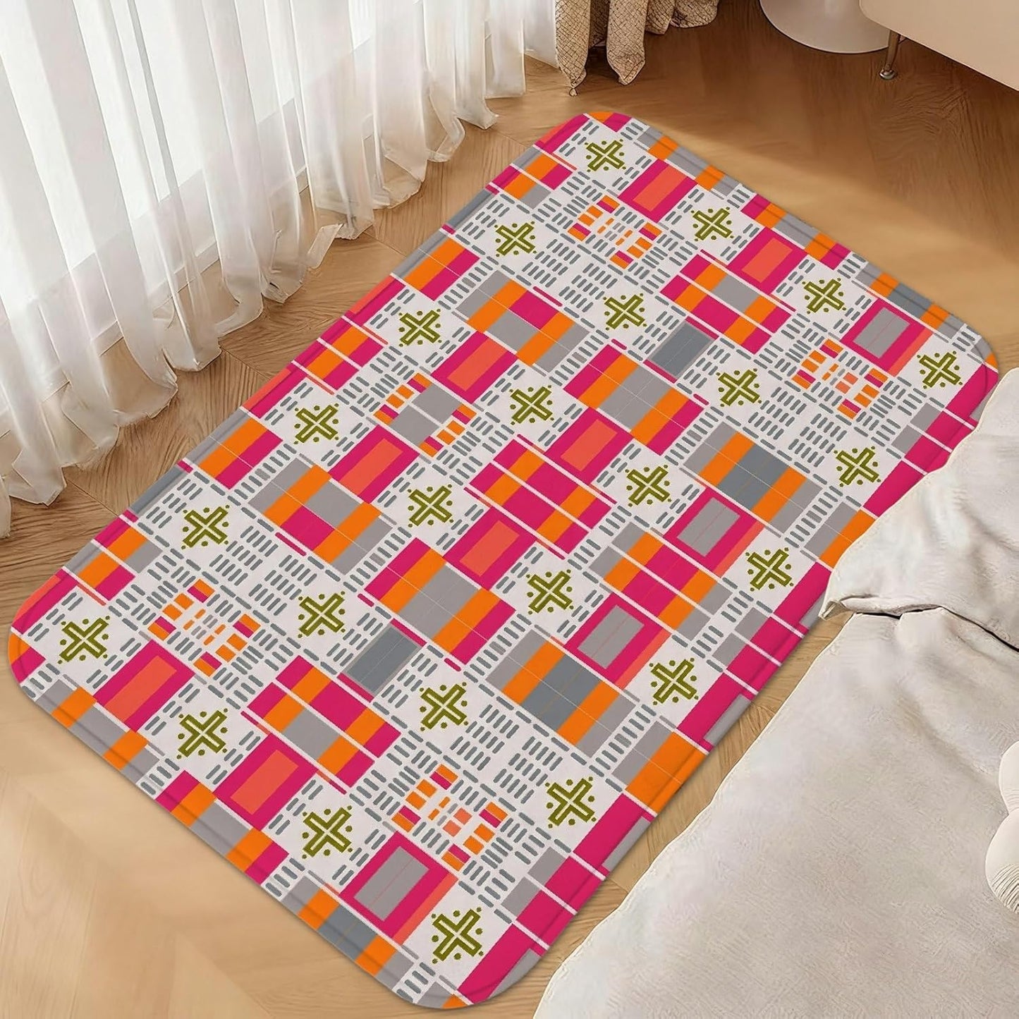 Grid Area Rug, Modern Contemporary Cross Square Spring Peach Low Pile Sponge Rectangle Floor Carpets Edge Binding Rugs for Living Room Bedroom Under Bed Apartment Decor 4' X 6'