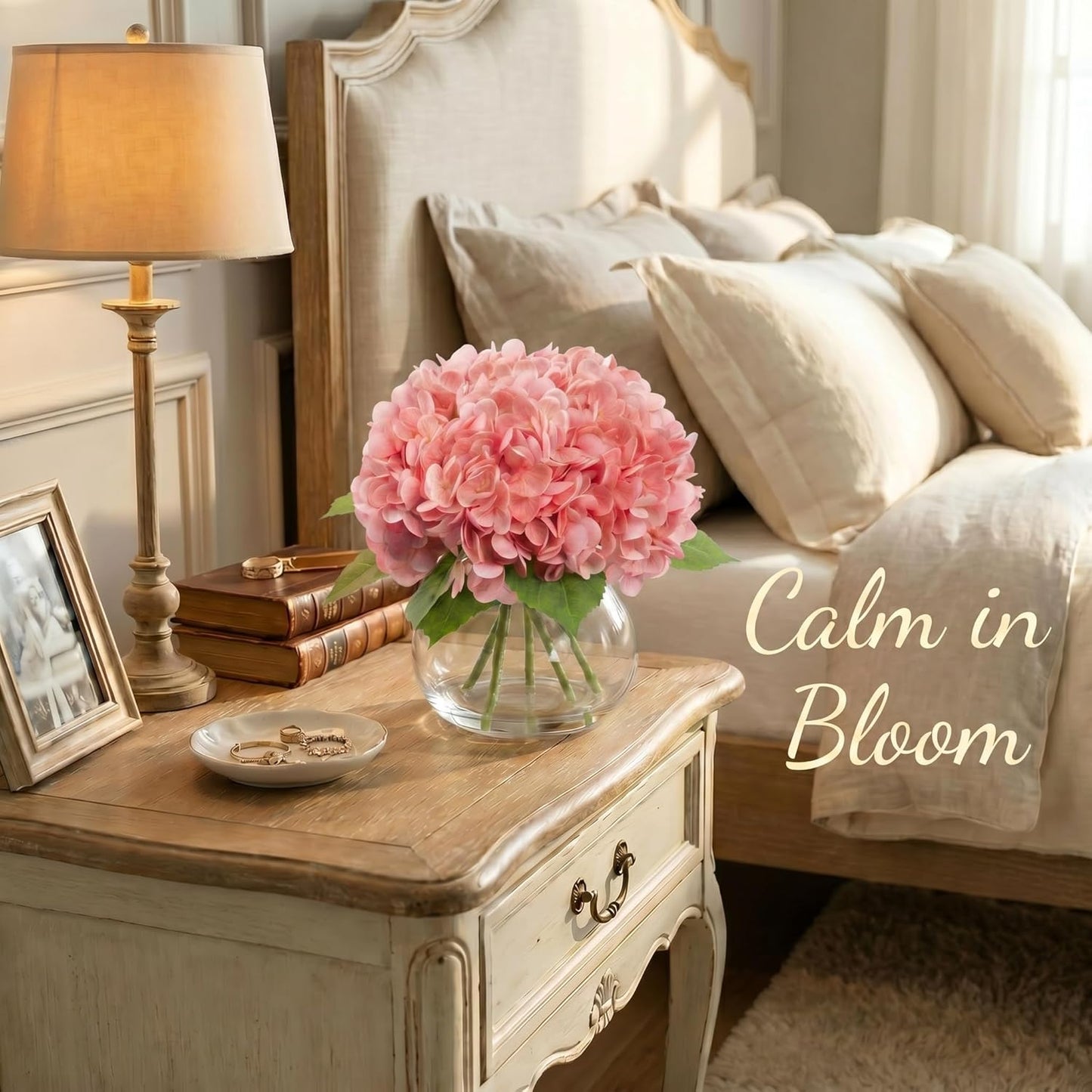 Hydrangea Artificial Flowers with Vase, Real Touch Latex Fake Hydrangeas Spring Stem Leaves Bouquet with Faux Water, Realistic Faux Flower for Home Office Bedroom Table Centerpiece Decor Pink