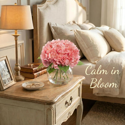 Hydrangea Artificial Flowers with Vase, Real Touch Latex Fake Hydrangeas Spring Stem Leaves Bouquet with Faux Water, Realistic Faux Flower for Home Office Bedroom Table Centerpiece Decor Pink