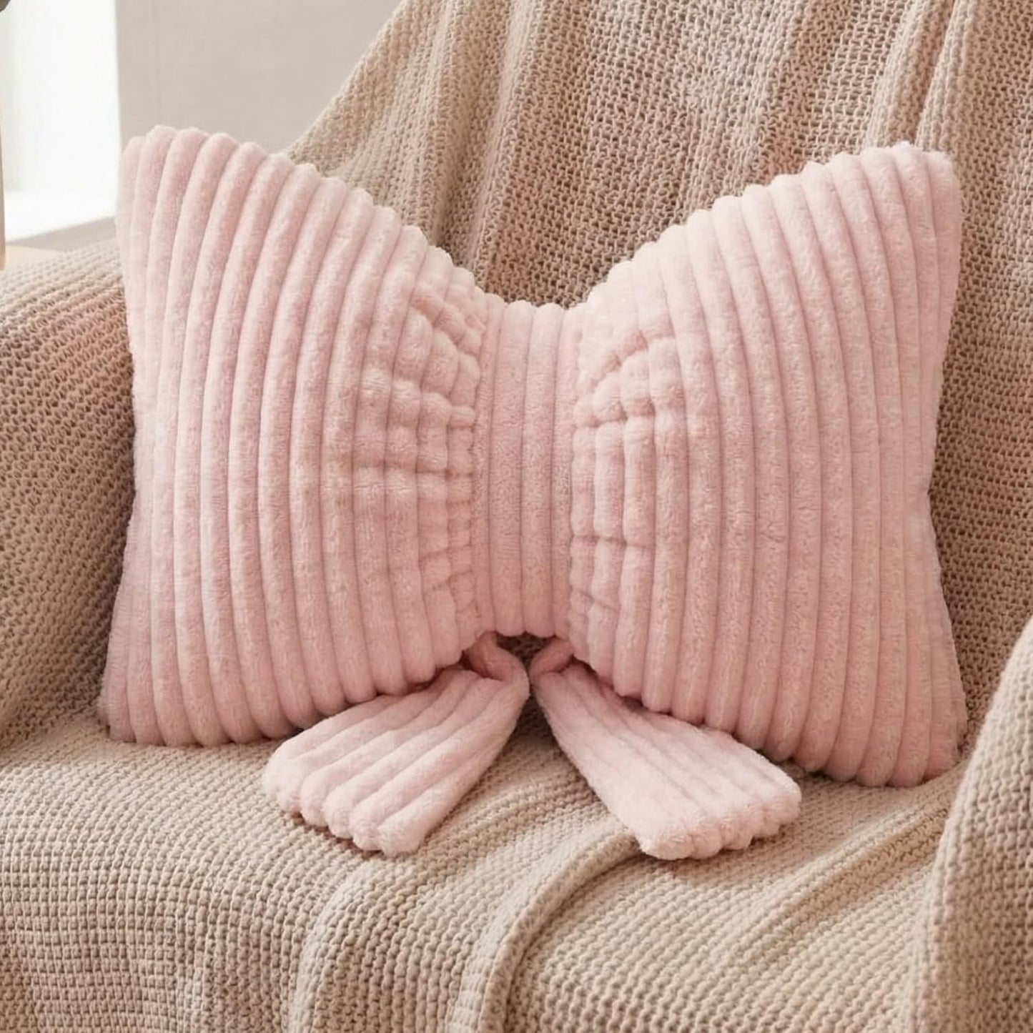 Qunclay Pink Bow Pillow 10" Bowknot Shaped Decorative Striped Bow Pillows Cute Soft Fluffy Throw Pillows Aesthetic Home Decor Plush Pillow for Bedroom Sofa Couch