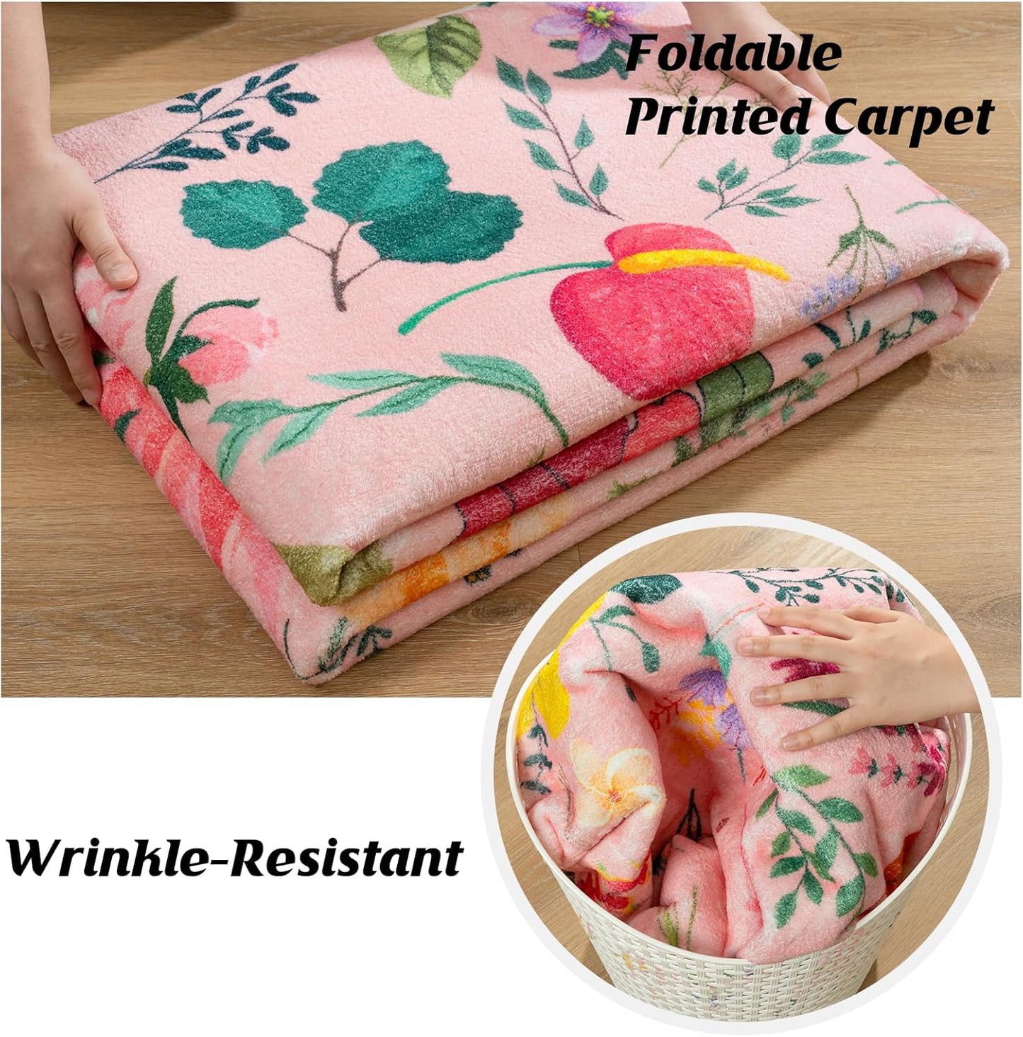 Area Rug for Living Room, 4x6Ft Washable Rug, Floral Low Pile Non-Slip Carpet for Bedroom Office Playroom Entryway Kitchen Dining Room, Pink