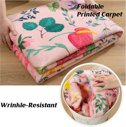 Area Rug for Living Room, 4x6Ft Washable Rug, Floral Low Pile Non-Slip Carpet for Bedroom Office Playroom Entryway Kitchen Dining Room, Pink