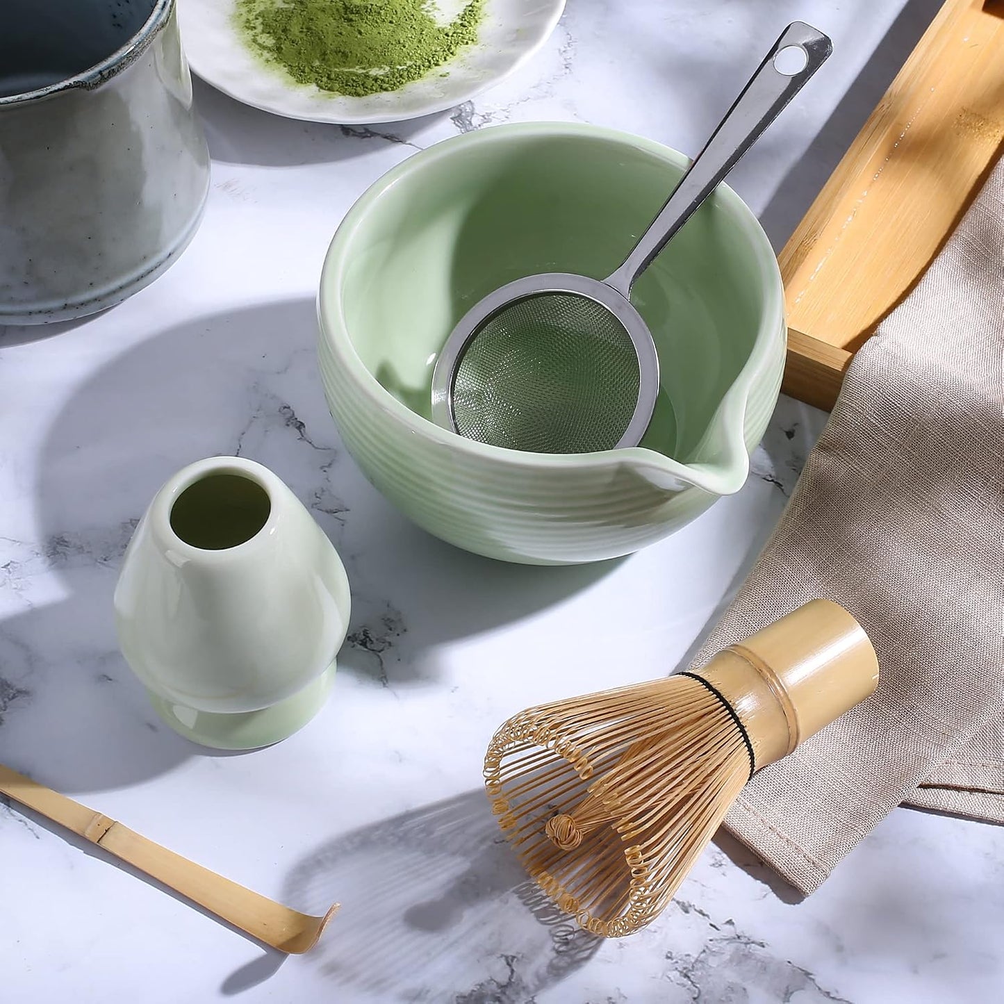 Ceremony Matcha Kit - Traditional Bamboo Matcha Whisk (Chasen) Scoop (Chashaku) Chawan Bowl with Pouring Spout Whisk Holder Sifter Tea Tray - The Perfect Matcha Set (Baby Pink, Set of 7)