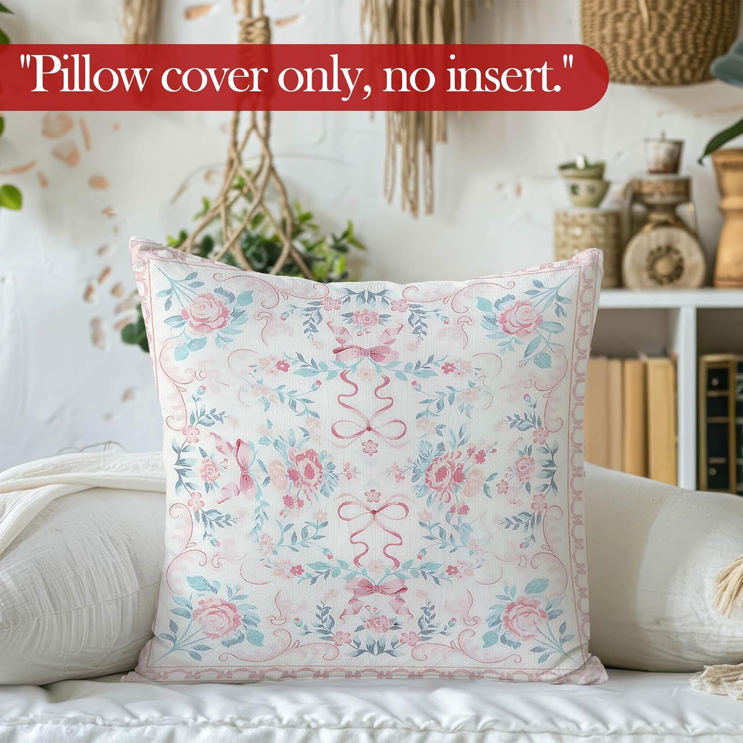 Pink Coquette Bow Floral Throw Pillow Cover, Grandmillennial Retro Flower Botanical Decorative Pillowcases Cushion Cases for Home Girly Room Bedroom Decor, 18x18 Pillow Covers